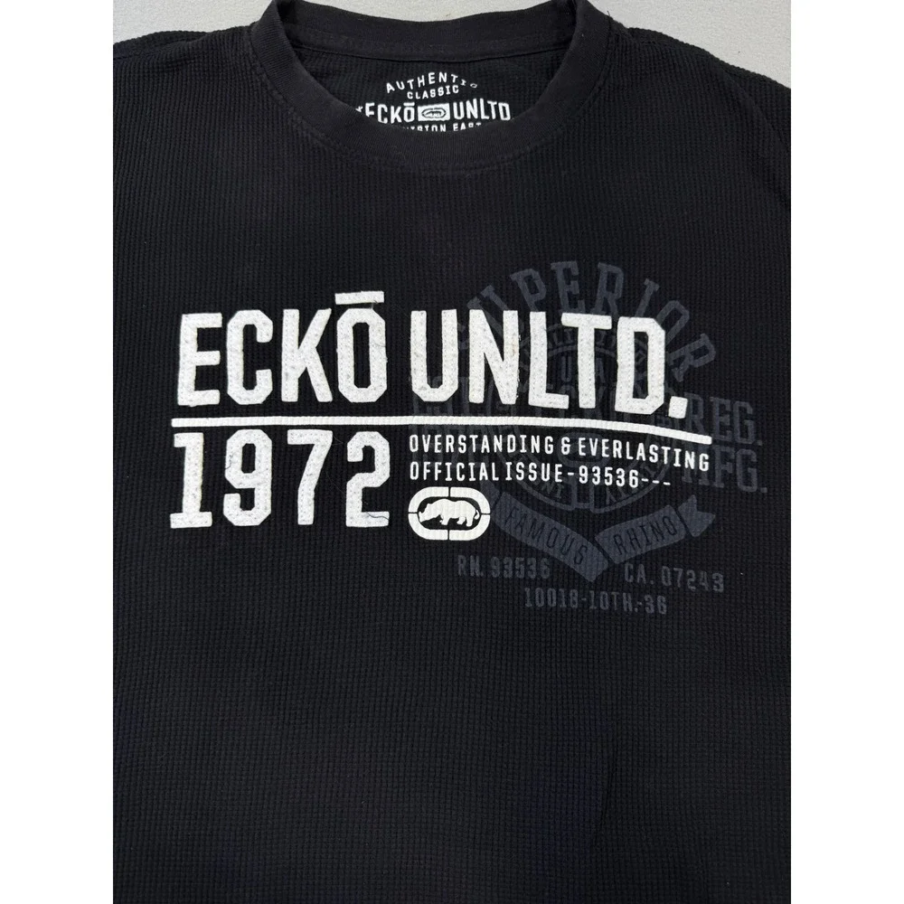 Ecko Unltd Mens XL Black Waffle Knit Thermal Long Sleeve Graphic T-Shirt Rhino